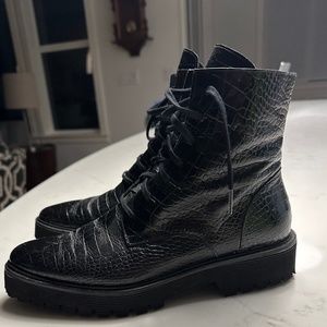 Freda Salvador Emi Lug Combat Boot, Black Embossed Croc